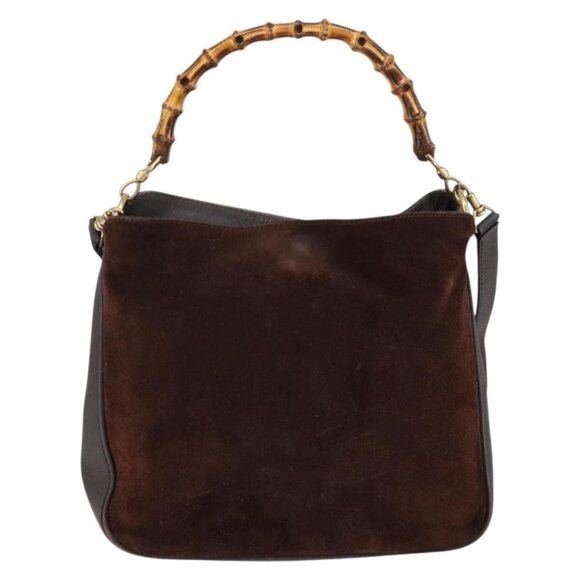 GUCCI Bamboo Shoulder Bag Suede 2way Dark Brown Gold Auth - Picture 2 of 16